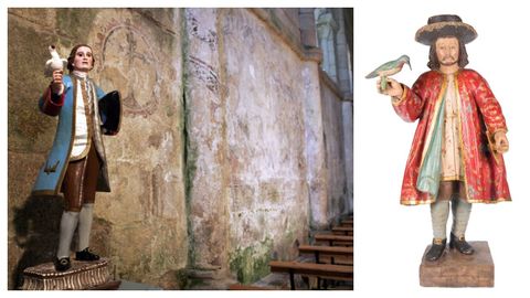 Imagen de una talla de san Xin de Moraime en la iglesia muxiana, en una foto tomada en el 2005. A la derecha, la pieza que sale a subasta en Barcelona.