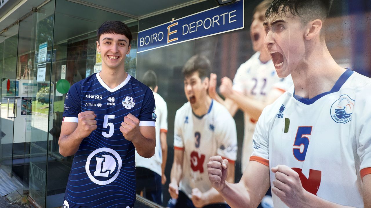 Arjones, junto a su foto que decora la entrada del pabell�n de A Cachada de Boiro.