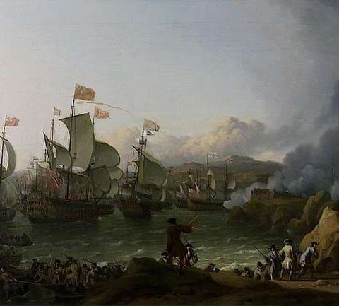 Ilustración de Ludolf Bakhuizen sobre la batalla de la bahía de Vigo. 