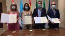 De izquierda a derecha, los consejeros de Cultura de Andalucía (Patricia del Pozo), Extremadura (Nuria Flores), Galicia (Román Rodríguez) y Castilla y León (Javier Ortega), tras firmar el protocolo de colaboración