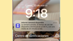 Notificaci�n recibida en mi tel�fono m�vil advirtiendo de un descenso del 84 % en el uso de mi terminal. 