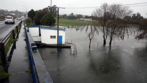 El río Umia baja desbordado a la altura del puente de Baión, en Vilanova de Arousa