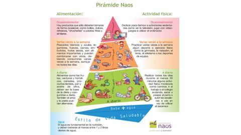 Es la primera Pirámide que se publicó en España que muestra ambas recomendaciones, tanto las de alimentación saludable como las de actividad física