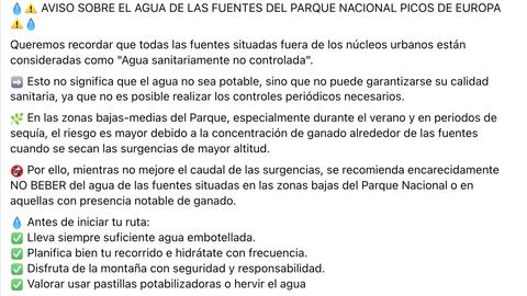 Aviso en Redes Sociales del estado de las aguas en los Picos de Europa