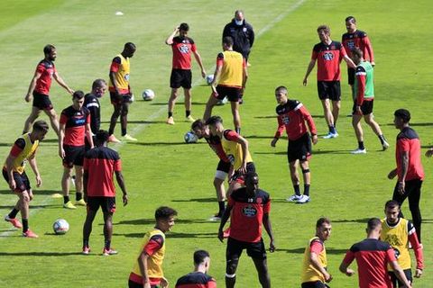 Los jugadores del Lugo durante un entrenamiento