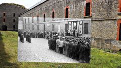 Fotomontaje de presos del Fuerte de San Cristbal (Ezkaba, Navarra), en el mismo lugar en la actualidad, realizado para el libro Entre rejas (Ed. Pamiela)