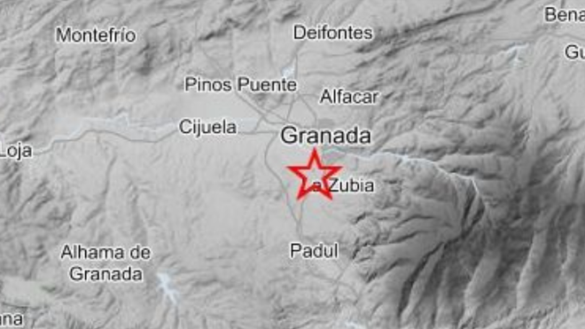 Mapa del Instituto Geogr&aacute;fico Nacional con la ubicaci&oacute;n del punto en el que se registr&oacute; el epicentro del terremoto en la provincia de Granada.