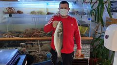 Juan Pena, este mircoles en la Pescadera Grallal, el Covas, con una robaliza recin capturada