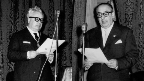 Francisco Fernández del Riego e Álvaro Cunqueiro no día do ingreso do segundo na RAG