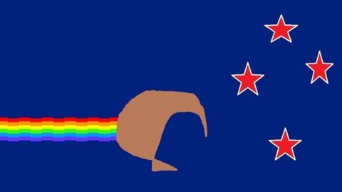 La versin en kiwi del famoso Nyan Cat surca el firmamento nocturno, dominado por la Cruz Austral.