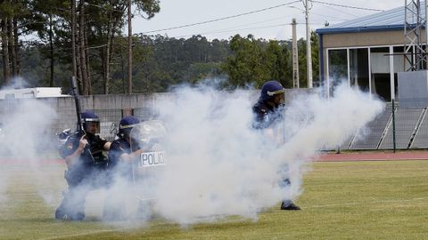 Exhibicion de la Policía Nacional para los escolares de Ribeira con helicoptero, caballería, perros de rastreo