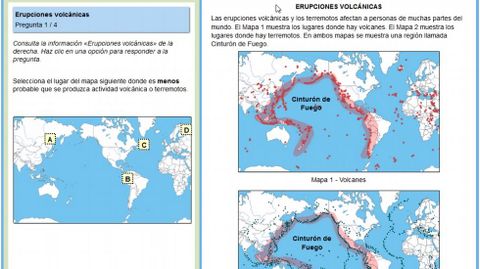 Ejemplo de las pruebas PISA 2015: Fcil. A la derecha se marca una zona de grandes terremotos y en la izquierda se ofrecen cuatro lugares. En cul es menos probable que suceda un sesmo? La respuesta es la D, Escandinavia