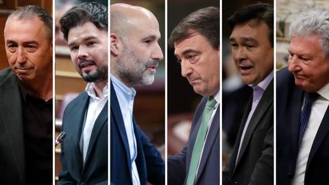 De izquierda a derecha, Joan Balldoví (Compromís), Gabriel Rufián (ERC), Néstor Rego (BNG), Aitor Esteban (PNV), Tomás Guitarte (Teruel Existe) y Pedro Quevedo (Nueva Canarias)