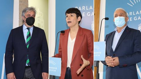 Los portavoces de los tres grupos parlamentarios gallegos este lunes, en la ronda de consultas para la elección del nuevo presidente de la Xunta