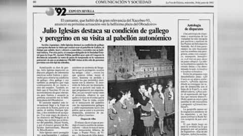Pgina de la La Voz de Galicia del 24 de junio de 1992 que refleja la visita de Julio Iglesias al pabelln gallego de la Expo 92