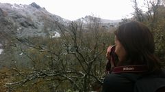 Una montaera saca una fotografa del bosque de Muniellos cubierto con la primera capa de nieve en la zona alta.Una montaera saca una fotografa del bosque de Muniellos cubierto con la primera capa de nieve en la zona alta