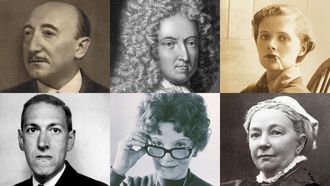 De izquierda a derecha y de arriba abajo, retratos de Wenceslao F. Fl�rez (1885-1964), Daniel Defoe (1660-1731), Daphne du Maurier (1907-1989), H. P. Lovecraft (1890-1937), Muriel Spark (1918-2006) y Margaret Oliphant (1828-1897).