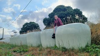 La ganadera Marta Di�guez junto a los rollos de hierba seca que los miembros��de la cooperativa O Rodo le ayudaron a salvar