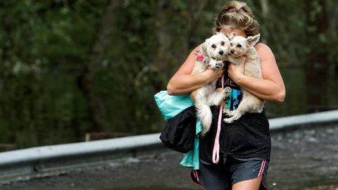 Una mujer sale con lo puesto y con sus dos perritos tras las inundaciones que ha dejado en Burgaw el desbordamiento de un ro por los efectos del huracn Florence. 