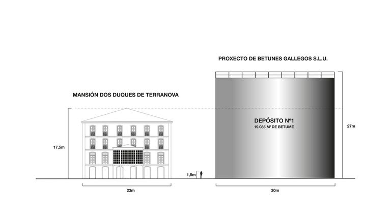 La Xunta propone camuflar un depósito de betún de 27 metros de altura con motivos náuticos y enredaderas