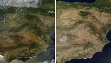 Impacto de las altas temperaturas en el litoral mediterr�neo. La captura de la NASA del 24 de mayo (izquierda) refleja una cobertura vegetal a�n activa en el sur peninsular. En la toma del 15 de julio (derecha), la p�rdida generalizada de humedad ti�e de color pardo los valles y cuencas fluviales, documentando desde el espacio la severidad geogr�fica del calor extremo de este verano.