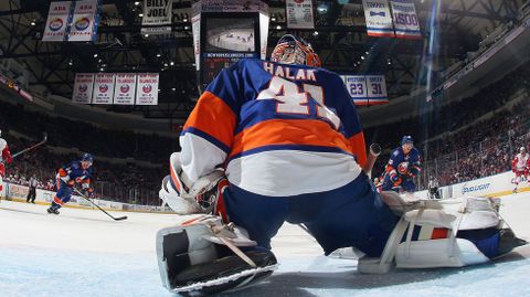 La visin del portero Jaroslav Halak en el partido entre New York Islanders y Detroit Red Wings.