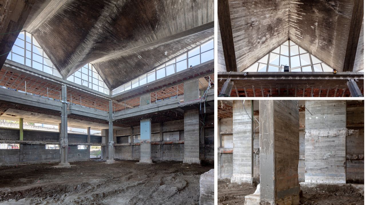 Patio central del Centro Oceanogr&aacute;fico de A Coru&ntilde;a con la cubierta, inspirada en las velas n&aacute;uticas y, a la derecha, abajo, detalle de la cimentaci&oacute;n