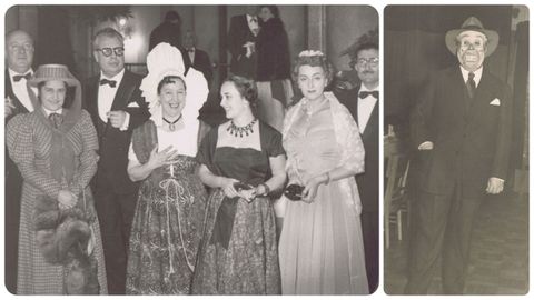 Don Paco nunha festa de disfraces no Casino de Vigo en 1954 co cnsul Muoz Moratorio, a sa dona Evelina, a pintora Xulia Minguilln e o xornalista Leal Insua.  dereita, no Caf Suevia en 1955 con mscara de esquelete.  