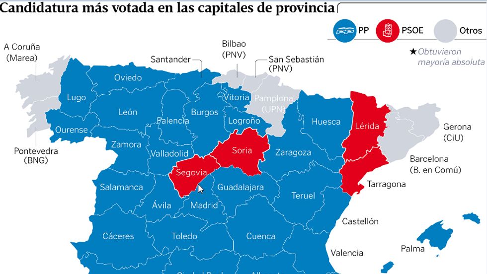 Candidatura m�s votada en las capitales de provincia