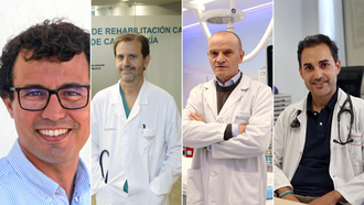 De izquierda a derecha: Xavier Roselló, científico visitante del CNIC y uno de los investigadores principales del ensayo REBOOT; Carlos González Juanatey, jefe del servicio de Cardiología del HULA; José Ramón González Juanatey, jefe del mismo servicio en el CHUS; y Óscar Prada, cardiólogo del Chuac.