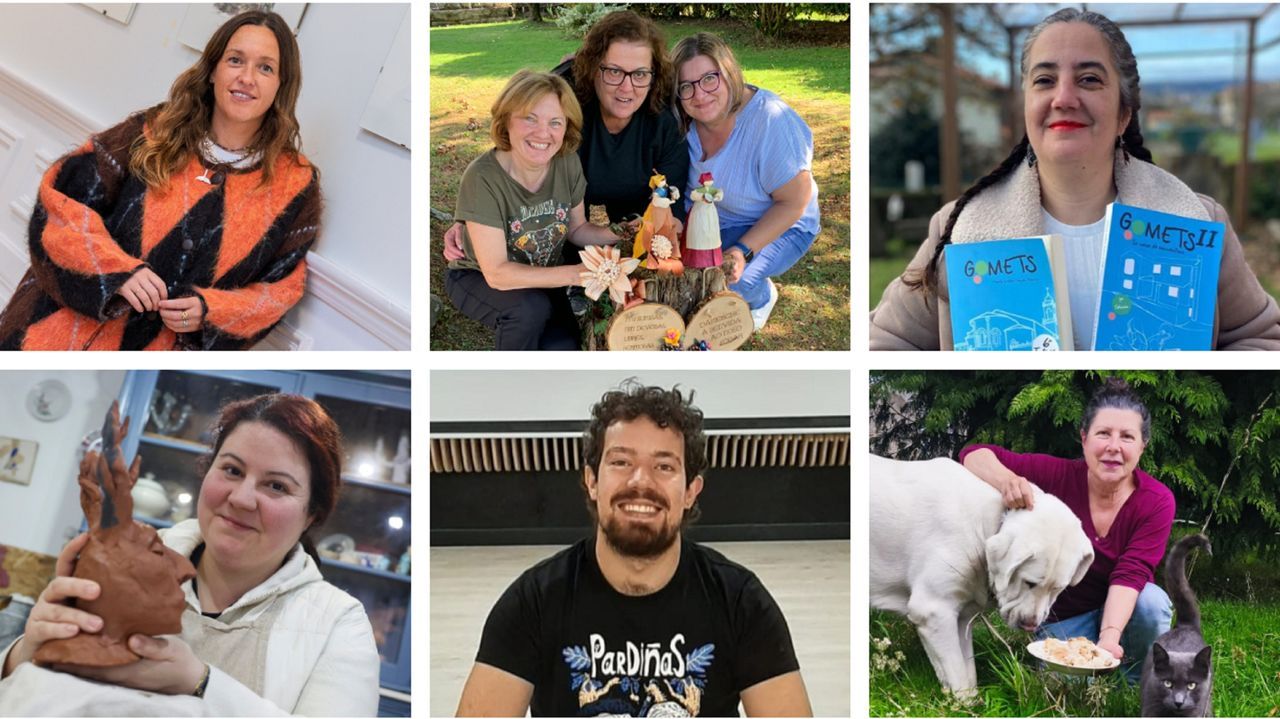 Bembrive.En el sentido de las agujas del reloj, la ilustradora Blanca Escrigas, As Lolas da Cascarilla, la escritora Sabela Cagiao, la escritora y actriz Carmen Blanco, el dibujante Cristian F. Caruncho y la ceramista Martina Beceiro