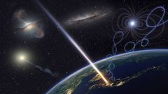 Recreación artística de un rayo cósmico de ultra alta energía llegando a la Tierra.