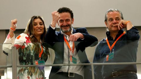 os candidatos al Congreso por Ciudadanos, Sara Jimnez, Edmundo Bal y De Quinto, celebran los resultados de la formacin naranja en su sede de Madrid.