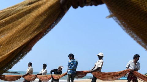 Un grupo de pescadores recogen sus redes en Sri Lanka. 