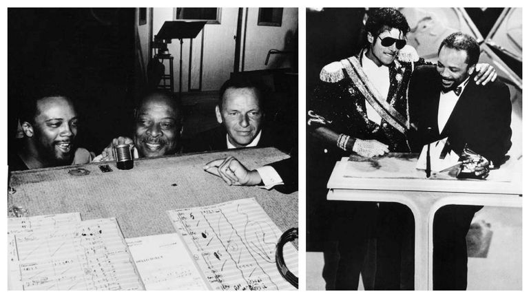Grabando «Fly Me to de Moon» con Sinatra y Count Basie, en 1964. Y a la derecha, en 1983, con Michael Jackson, cuando recogió el Grammy por «Thriller»