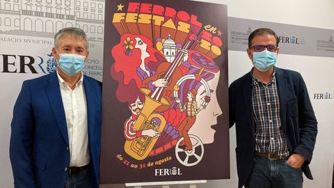 Antonio Golpe y Ángel Mato, junto al cartel diseñado por Mario Feal