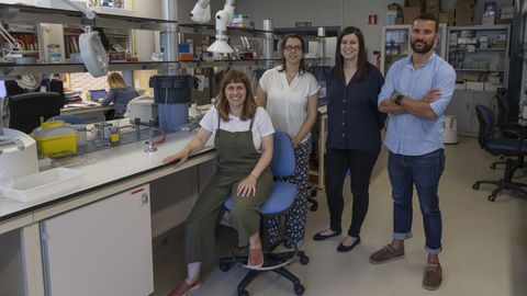 Zulema Varela (sentada) y, detrás, de izquierda a derecha, Vanessa Valdiglesias, Elena Lendoiro y Javier Dubert, representantes de la Rede Galega pola Investigación (Investigal), que recientemente realizaron gestiones con la Axencia Galega de Innovación (Gain)