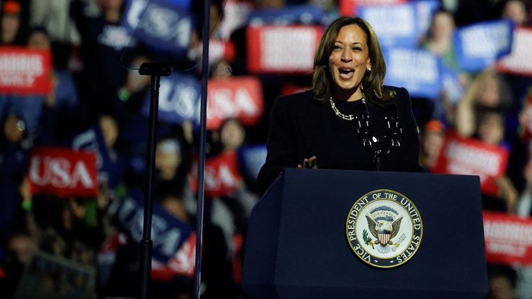 Kamala Harris en uno de los últimos mítines de esta campaña electoral