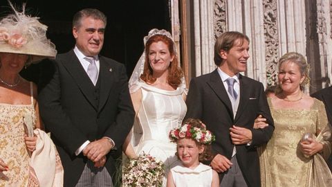 Lorenzo Sanz, su hija Malula y Míchel, el día del enlace de la pareja, en el año 2000