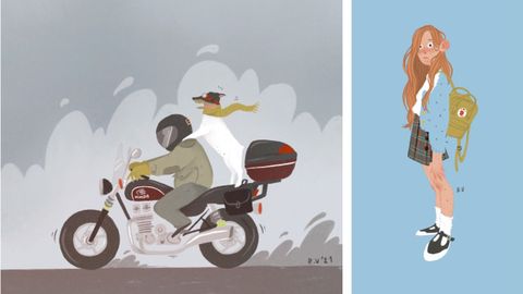 A la izquierda, una de las ilustraciones personalizadas de Blanca (su padre y su perro en moto) y a la derecha uno de sus ltimos trabajos