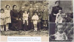 Unha fotografía familiar de Fernández del Riego de bebé xunto aos pais e irmás, outra imaxe cos pais e mais unha foto de cando era bebé. 