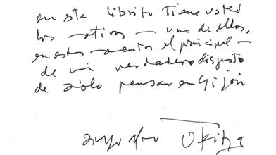 Manuscrito de Oteiza argumentando su veto a la exposición de su obra en el Evaristo Valle, en 1991