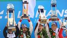 Alonso, Kazuki y Buemi celebran su victoria en el podio de Le Mans