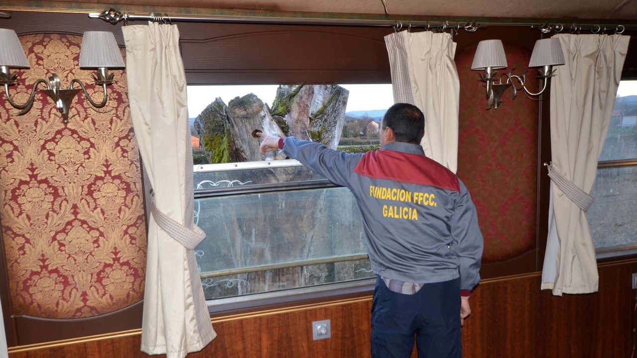 Rodajes de pelcula en la provincia de Lugo.Un trabajador del museo seala desde un antiguo vagn uno de los nidos de pjaro carpintero que hay en los rboles del recinto musestico y que fueron puestos al descubierto en una reciente poda 