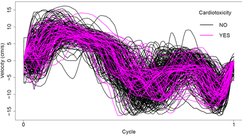 En esta gráfica, las líneas en rosa representan a aquellas pacientes en riesgo de sufrir cardiotoxicidad por el tratamiento frente al cáncer de mama.