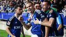 Los jugadores del Oviedo celebran el gol de Alemao ante el Racing