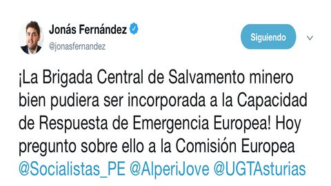 Tuit de Jons Fernndez sobre la cuestin de incorporar la Brigada de Salvamento al servicio de emergencias europeo