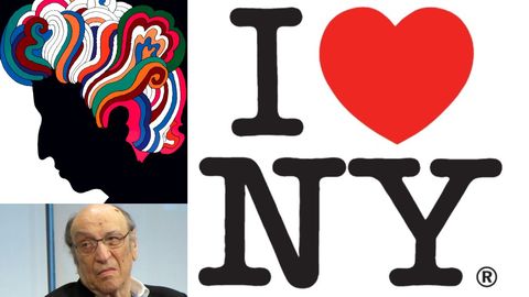 Glaser, con dos de sus trabajos más conocidos, el logotipo de Nueva York y el póster de Bob Dylan