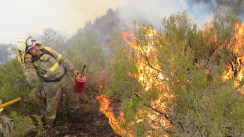 Los bomberos trabajan en la zona de Monte de Miranda, en las proximidades de las aldea de Cortes y Seceda