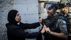 Una mujer palestina intenta frenar a un polica israel cerca de la Puerta de Damasco.